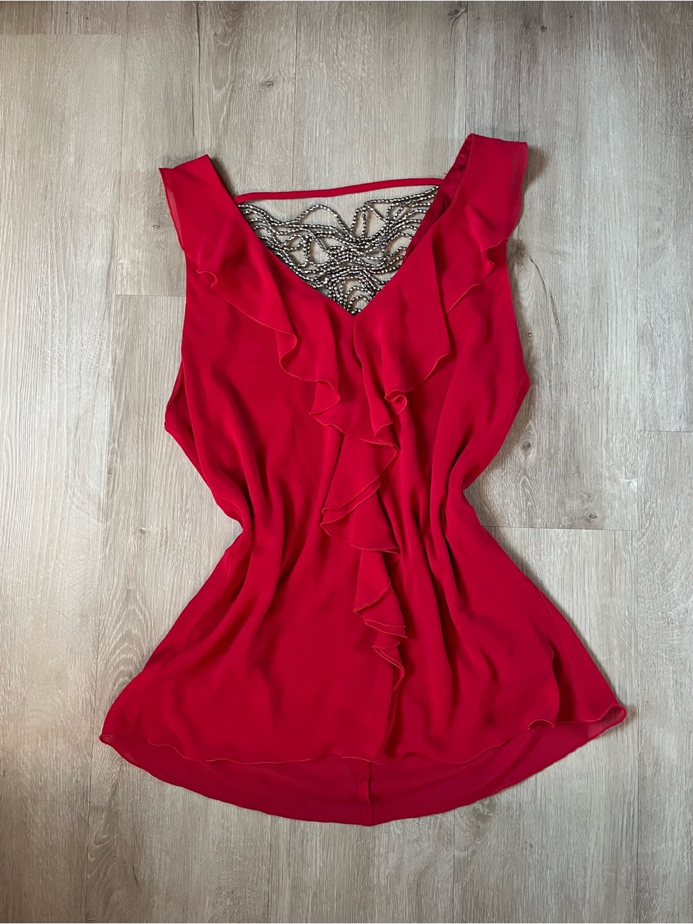 Women’s Red Ruffled V-Neck Tank with Beaded Back Detail